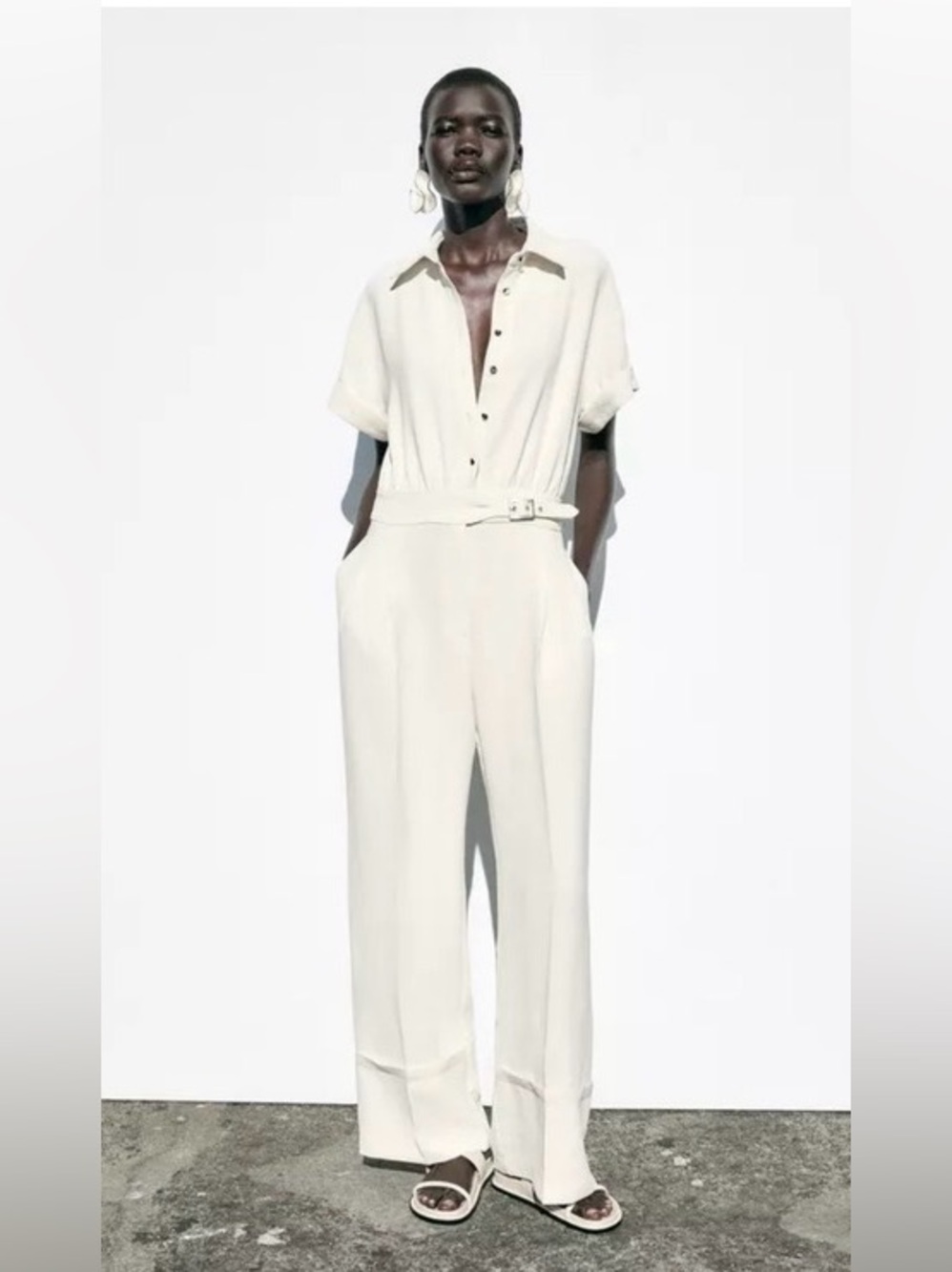 Zara NWT Button-Front Belted Jumpsuit Wide Leg Oyster Shell White